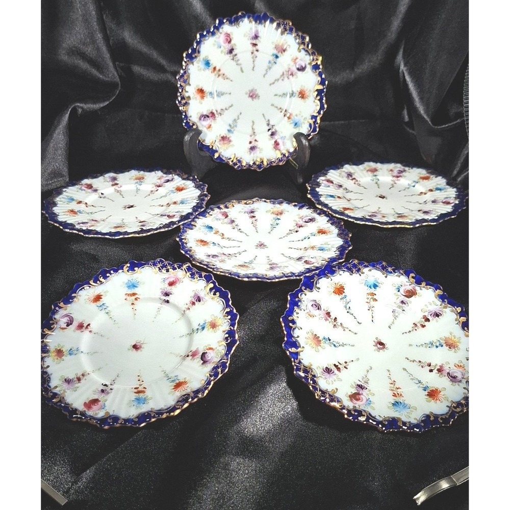 Antique Hand Painted Floral Cobalt Blue Gold Scalloped Porcelain Plates Set of 6